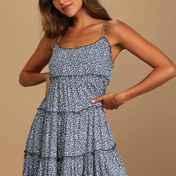 Lulus Sitting In The Sun Navy Blue Floral Print Ruffled Babydoll Dress - Size L - Picture 1 of 1